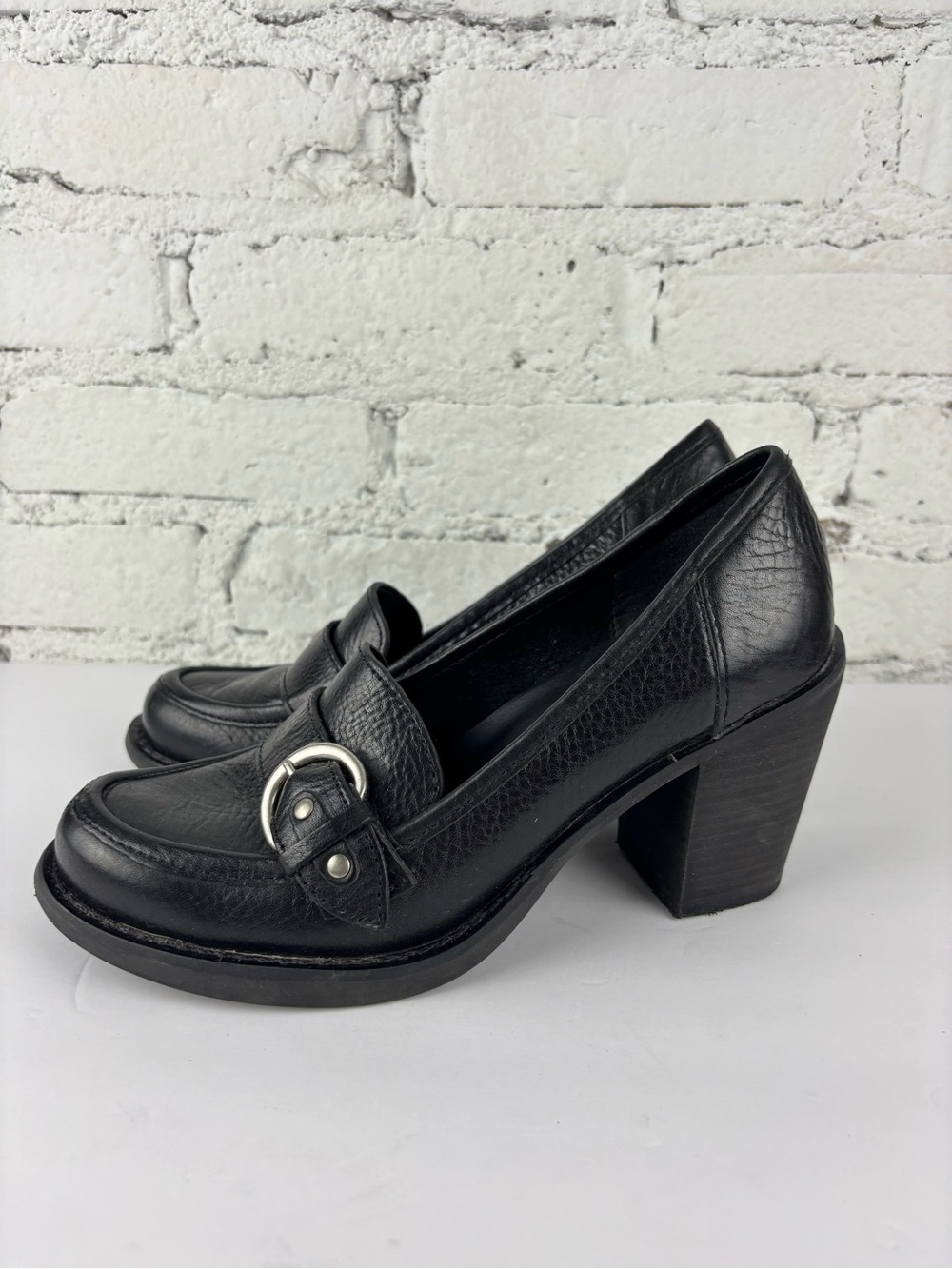 Vintage MIA Black Leather Buckle Block Heel Loafers 8